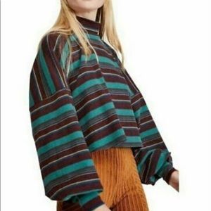 Free People Striped Turtleneck Sweater With Balloon Sleeves